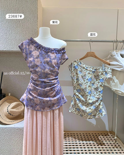 AS OFFICIAL Floral One-Shoulder Ruffle Top