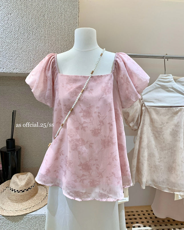 AS OFFICIAL Jacquard Puff Sleeve Two-Way Off Shoulder Top