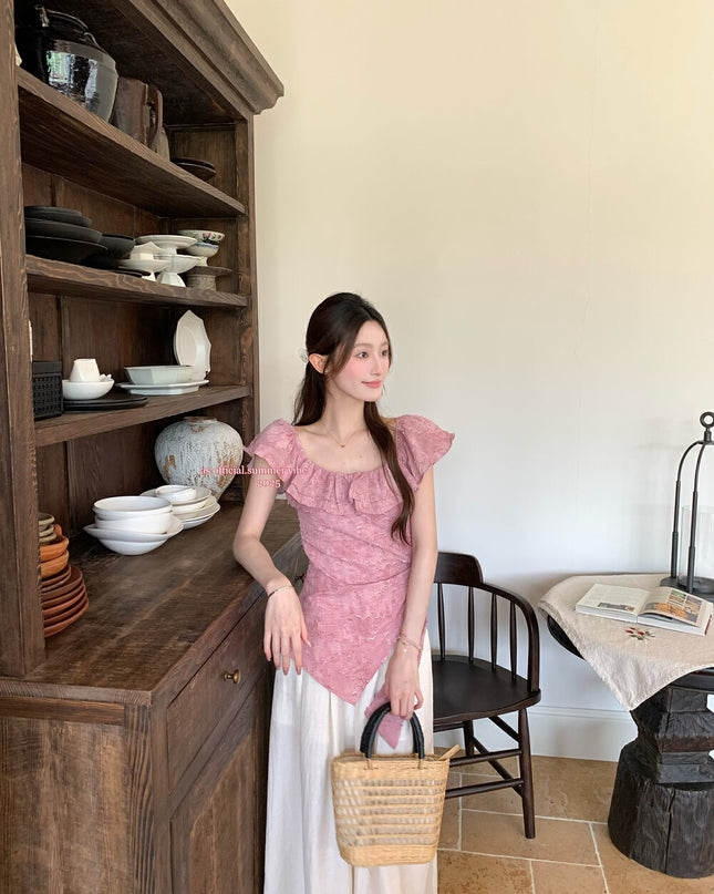 AS OFFICIAL Ruffle Collar Irregular Hem Blouse