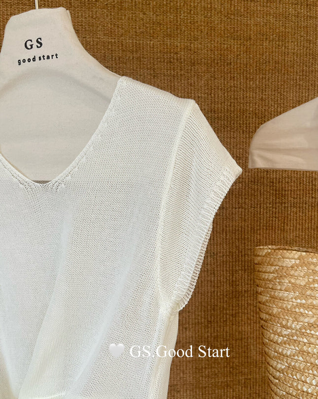 GS.GOOD START V Neck Slim Fit Knitted Short Sleeve Top