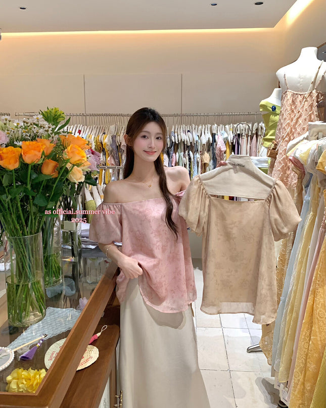 AS OFFICIAL Jacquard Puff Sleeve Two-Way Off Shoulder Top