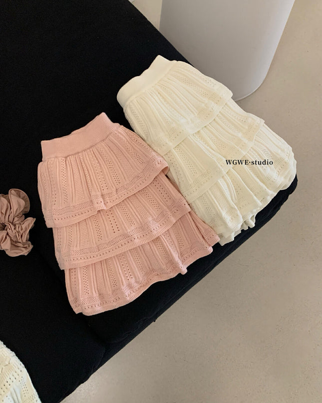 WGWE Delicate Crochet Knit Top & Midi Skirt Set