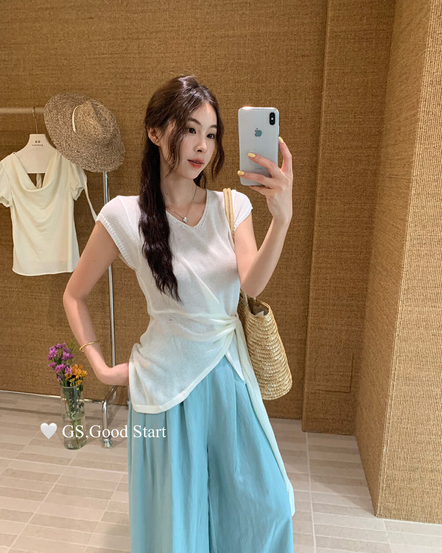 GS.GOOD START V Neck Slim Fit Knitted Short Sleeve Top