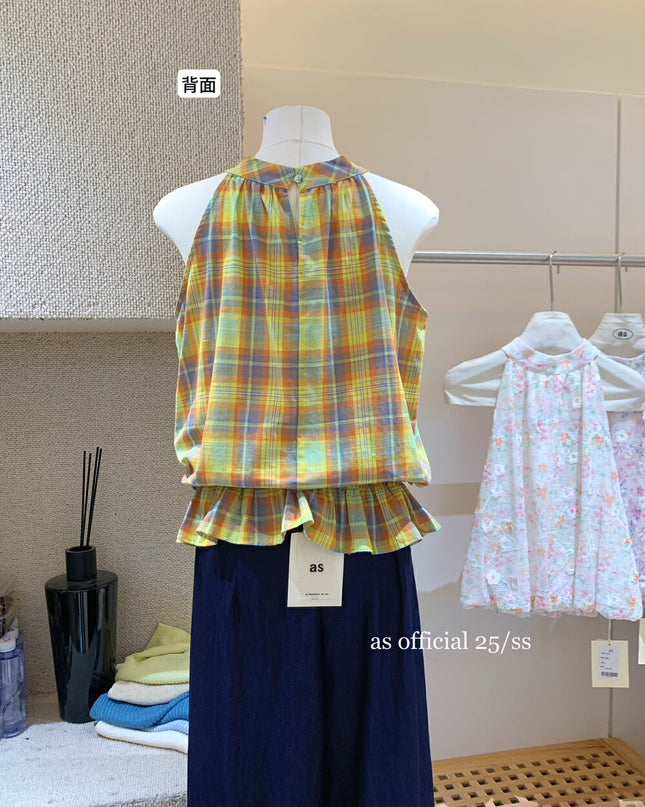 AS OFFICIAL Plaid Ruffle Hem Tie-Front Vest Top