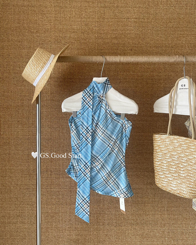 GS.GOOD START Off Shoulder Plaid Tank Top with Sweet Chic Vibes