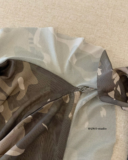 WGWE Asymmetric Camouflage Tie-Strap Crop Top
