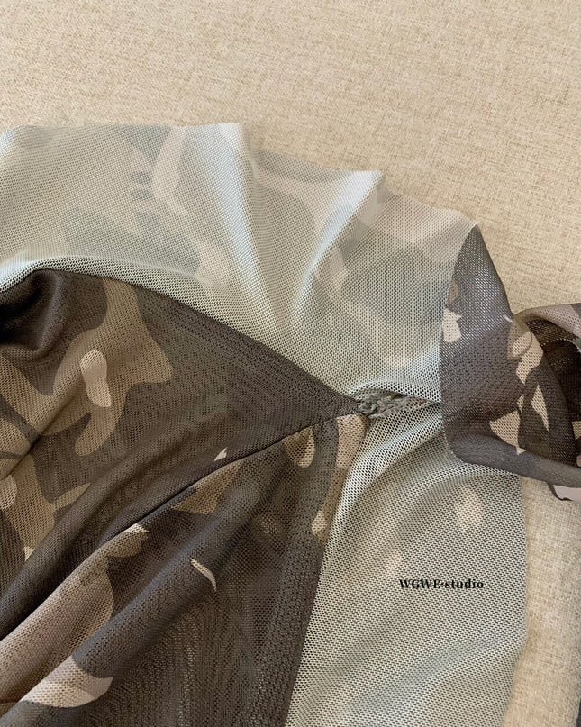 WGWE Asymmetric Camouflage Tie-Strap Crop Top