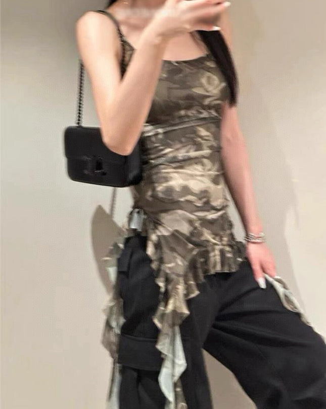 WGWE Asymmetric Camouflage Tie-Strap Crop Top