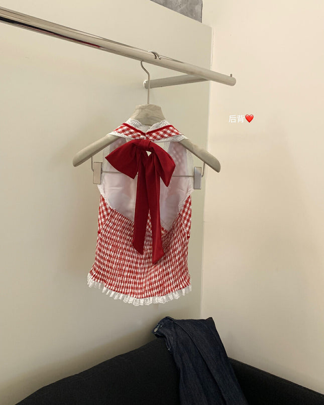 WGWE Halter Plaid Lace Patchwork Crop Top