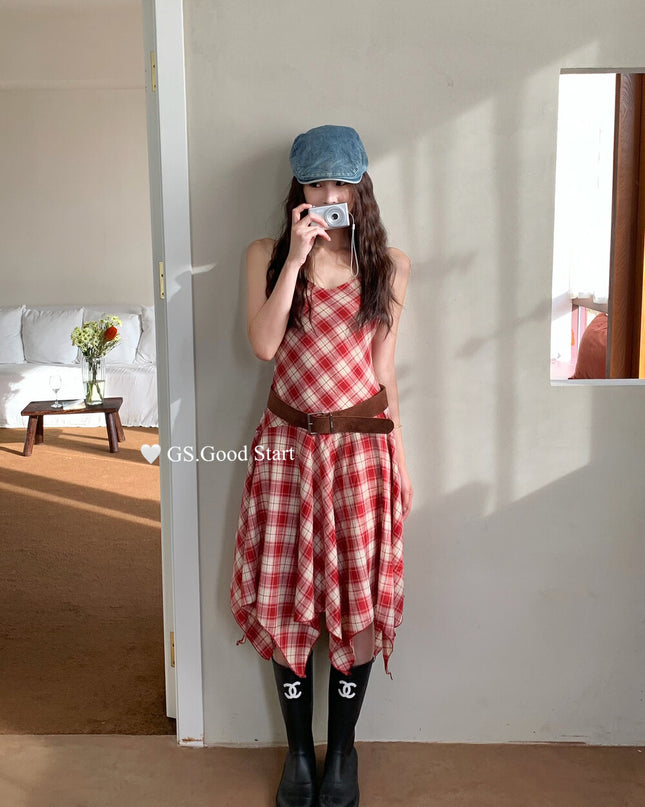 GS.GOOD START Asymmetric Plaid Cami Dress (No Belt)