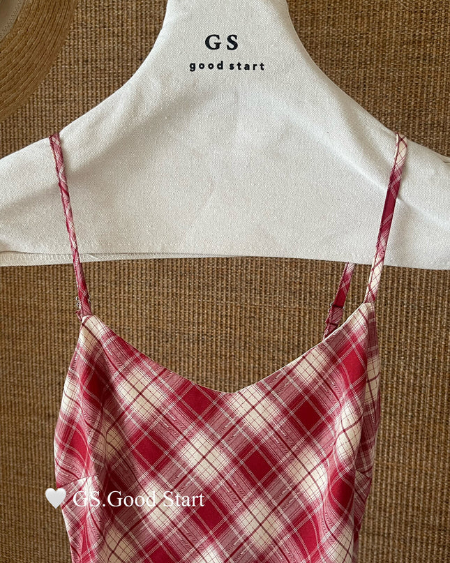 GS.GOOD START Asymmetric Plaid Cami Dress (No Belt)