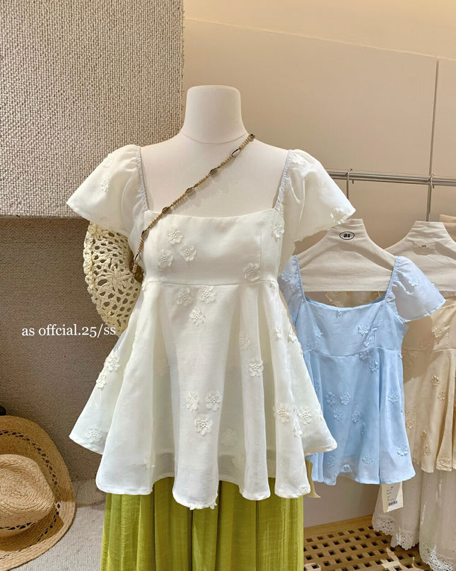 AS OFFICIAL Puff Sleeve Floral Appliqué Top