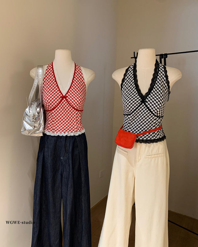 WGWE Halter Plaid Lace Patchwork Crop Top