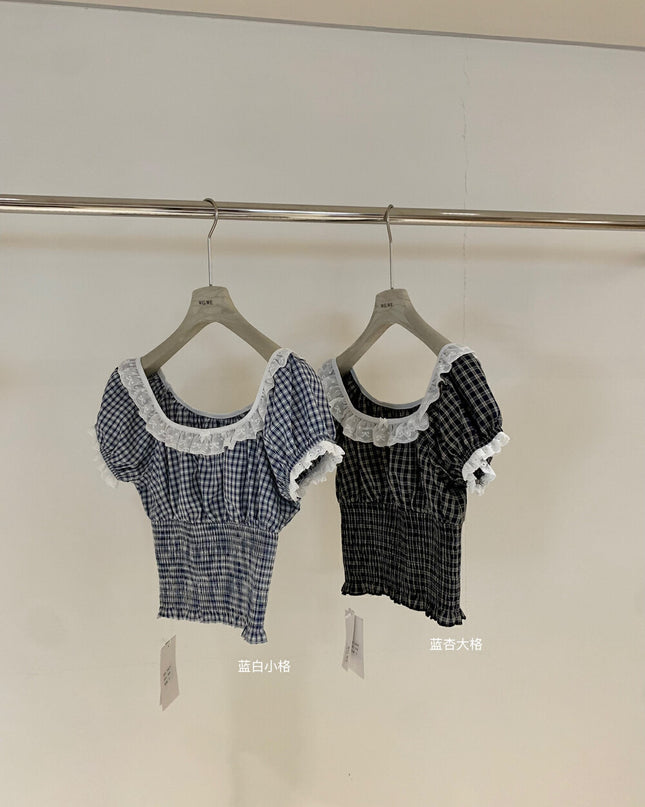 WGWE Lace-Trimmed French Style Checkered Top