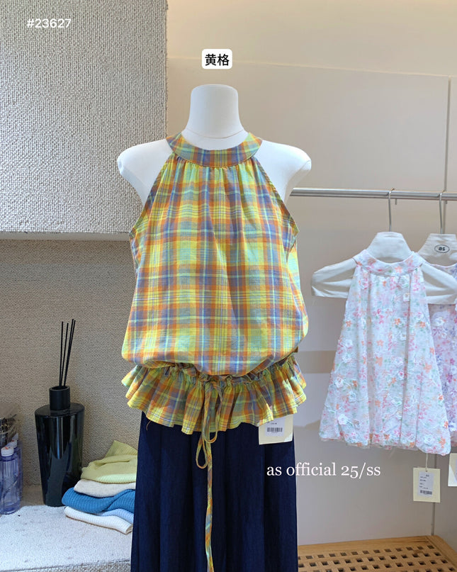 AS OFFICIAL Plaid Ruffle Hem Tie-Front Vest Top