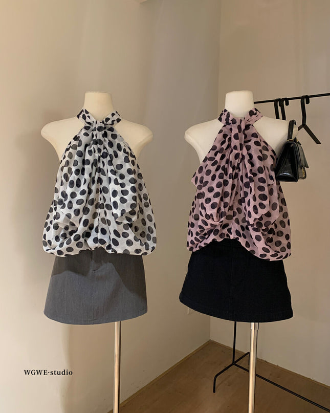 WGWE Polka Dot Cut-Out Halter Sleeveless Fitted Top