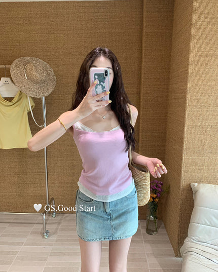 GS.GOOD START Korean Sweet Lace Patchwork Cami Top