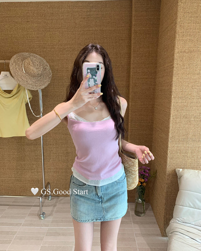 GS.GOOD START Korean Sweet Lace Patchwork Cami Top