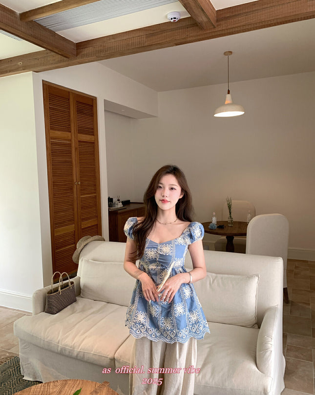 AS OFFICIAL Sequin Embroidered Sweetheart Babydoll Top