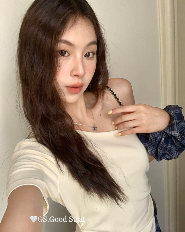 GS.GOOD START Asymmetrical Plaid Patchwork Top with Detachable Hair Tie
