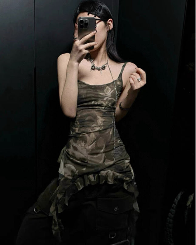 WGWE Asymmetric Camouflage Tie-Strap Crop Top