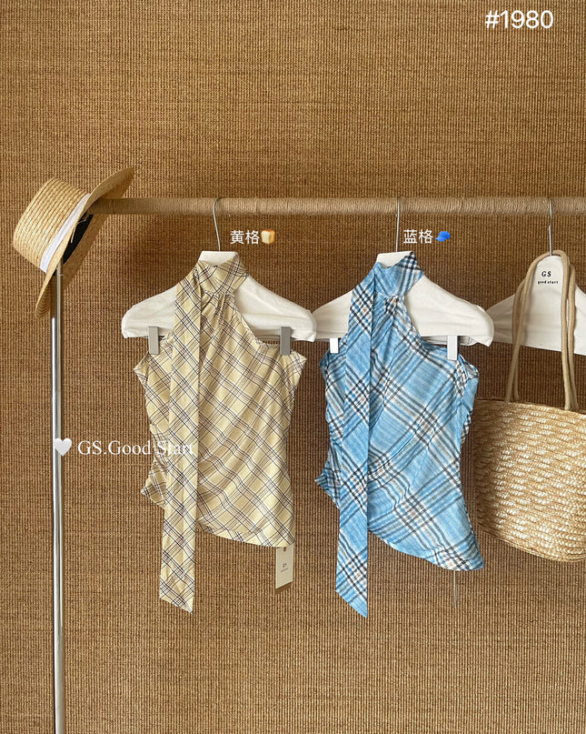 GS.GOOD START Off Shoulder Plaid Tank Top with Sweet Chic Vibes