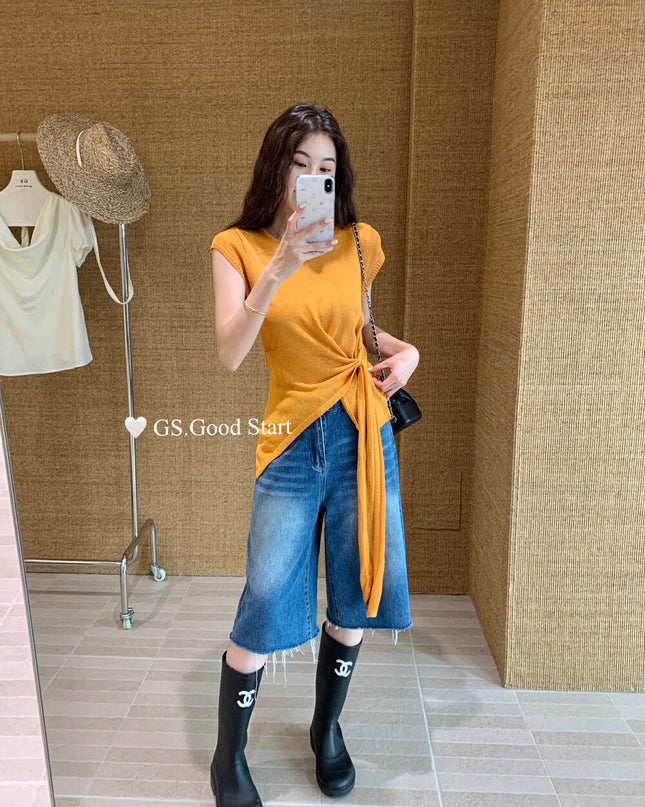 GS.GOOD START V Neck Slim Fit Knitted Short Sleeve Top