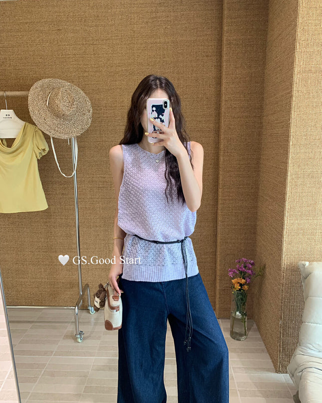 GS.GOOD START Relaxed Fit Hollow Mesh Vest with Detachable Waist Tie