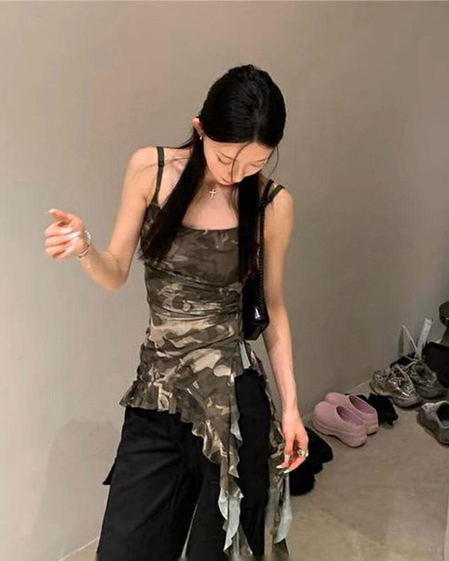 WGWE Asymmetric Camouflage Tie-Strap Crop Top