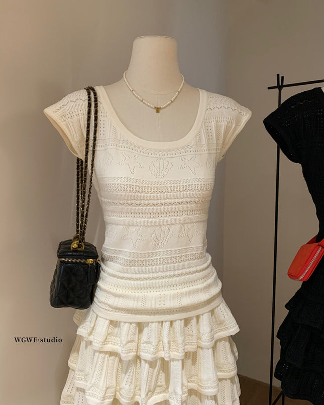 WGWE Delicate Crochet Knit Top & Midi Skirt Set