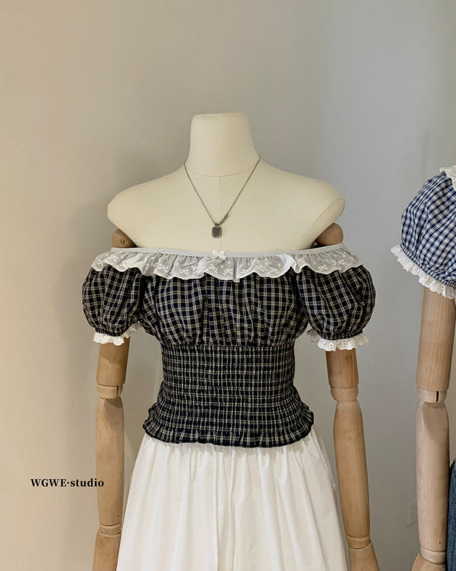 WGWE Lace-Trimmed French Style Checkered Top
