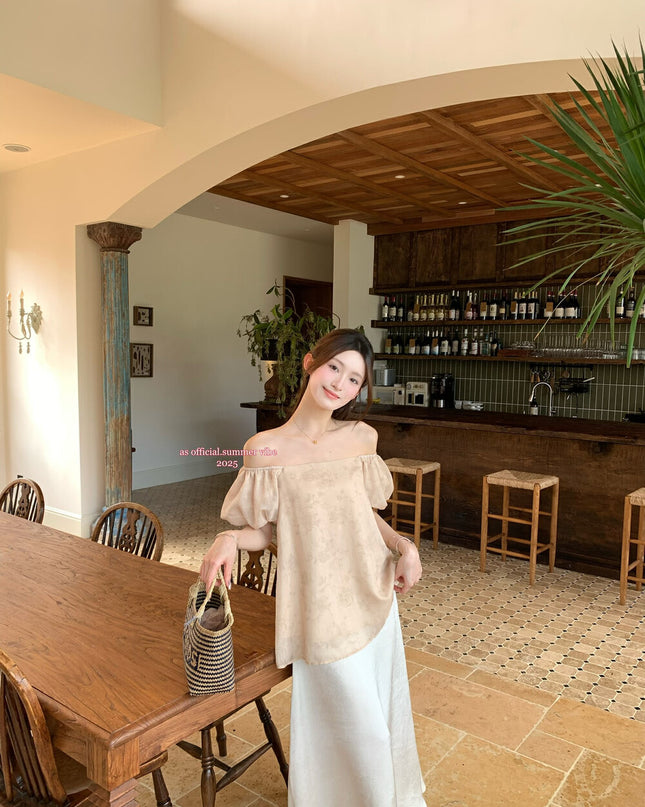 AS OFFICIAL Jacquard Puff Sleeve Two-Way Off Shoulder Top
