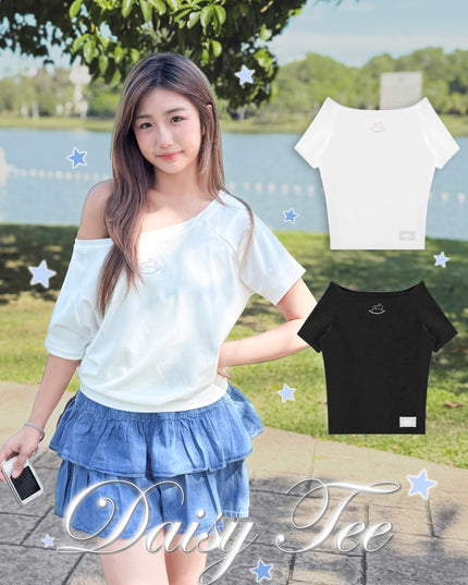 JoyDion Daisy Embroidered Bunny Off-Shoulder Tee