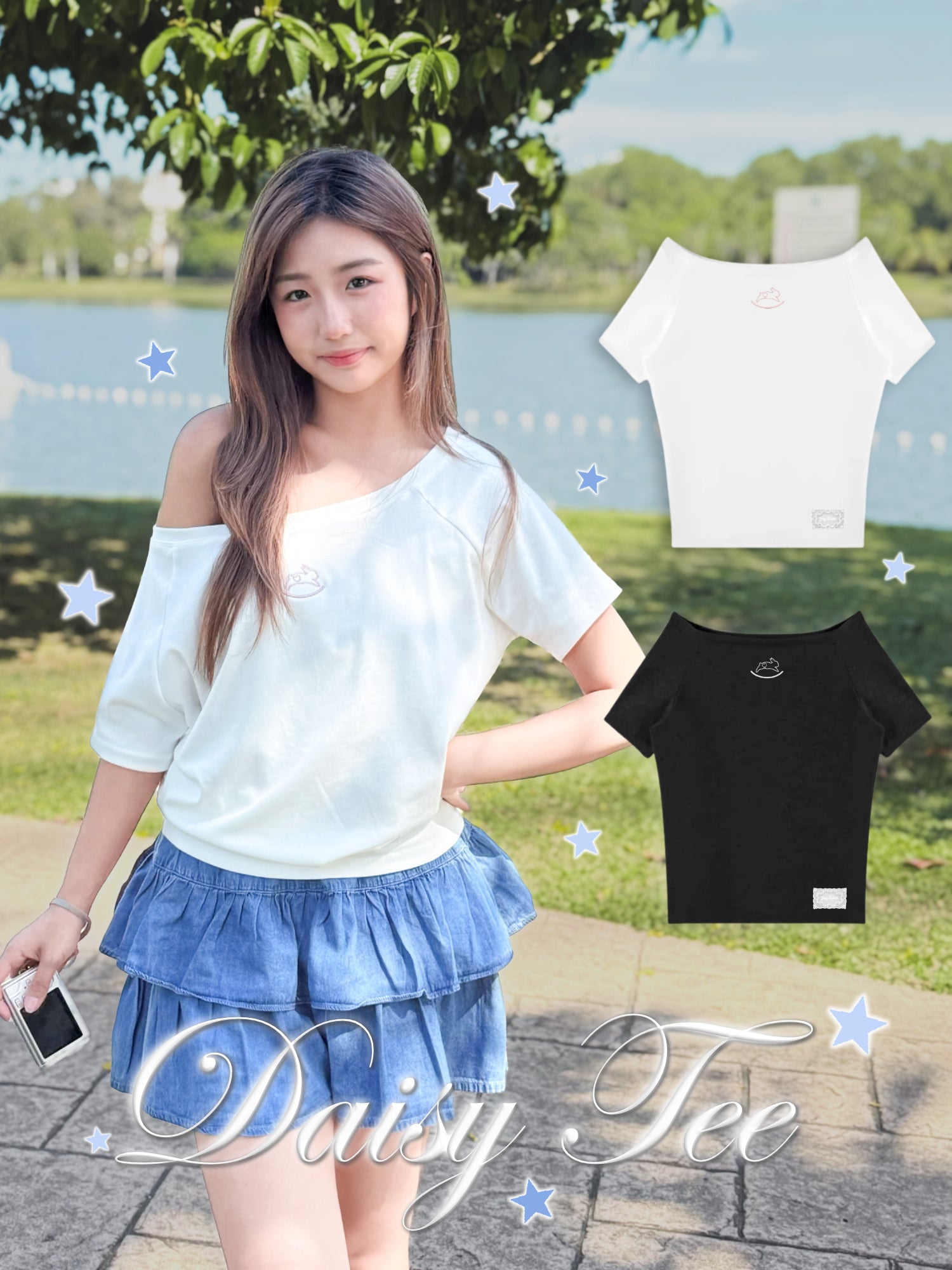 JoyDion Daisy Embroidered Bunny Off-Shoulder Tee