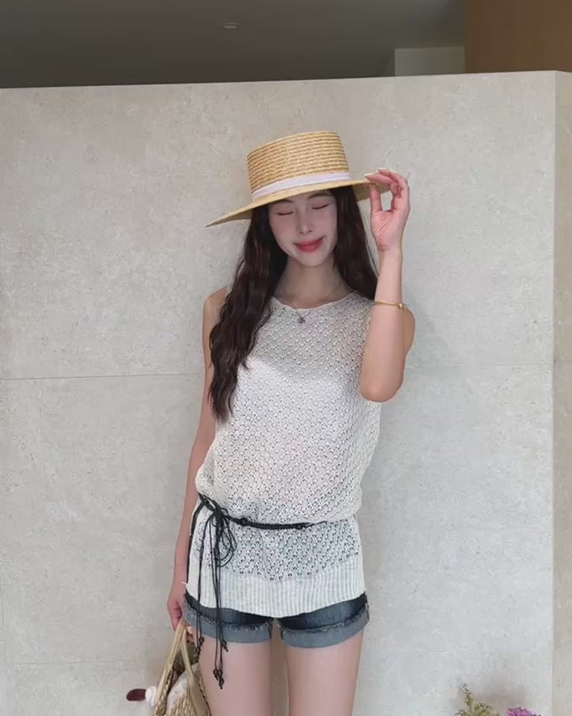 GS.GOOD START Relaxed Fit Hollow Mesh Vest with Detachable Waist Tie