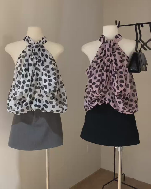 WGWE Polka Dot Cut-Out Halter Sleeveless Fitted Top
