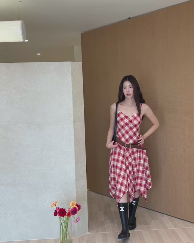GS.GOOD START Asymmetric Plaid Cami Dress (No Belt)