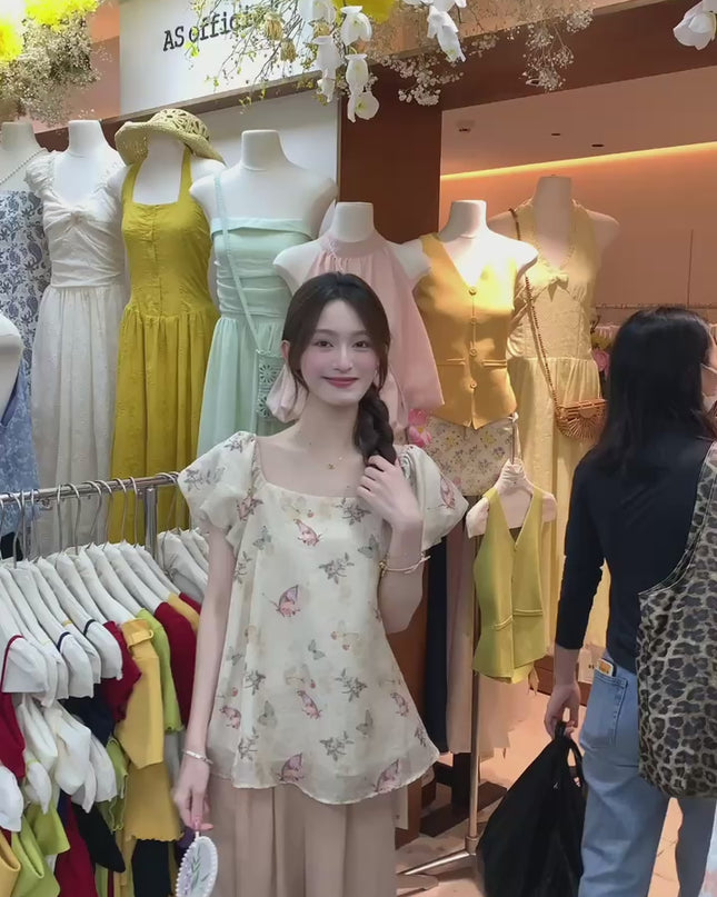 AS OFFICIAL Golden Butterfly Off-Shoulder Puff Sleeve Top