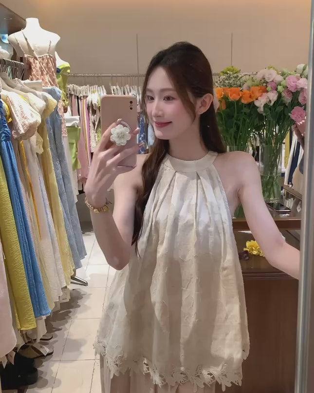 AS OFFICIAL Halter Jacquard Lace Patchwork Top