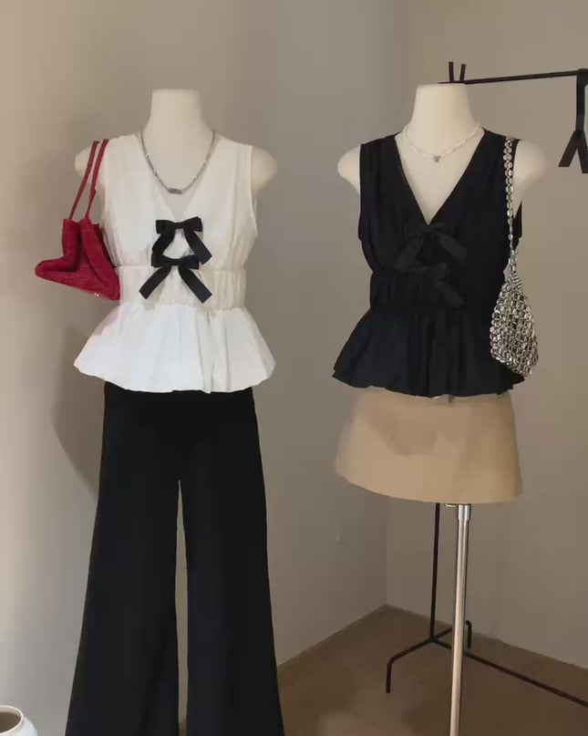 WG.WE French Cute Bow V-Neck Sleeveless Blouse