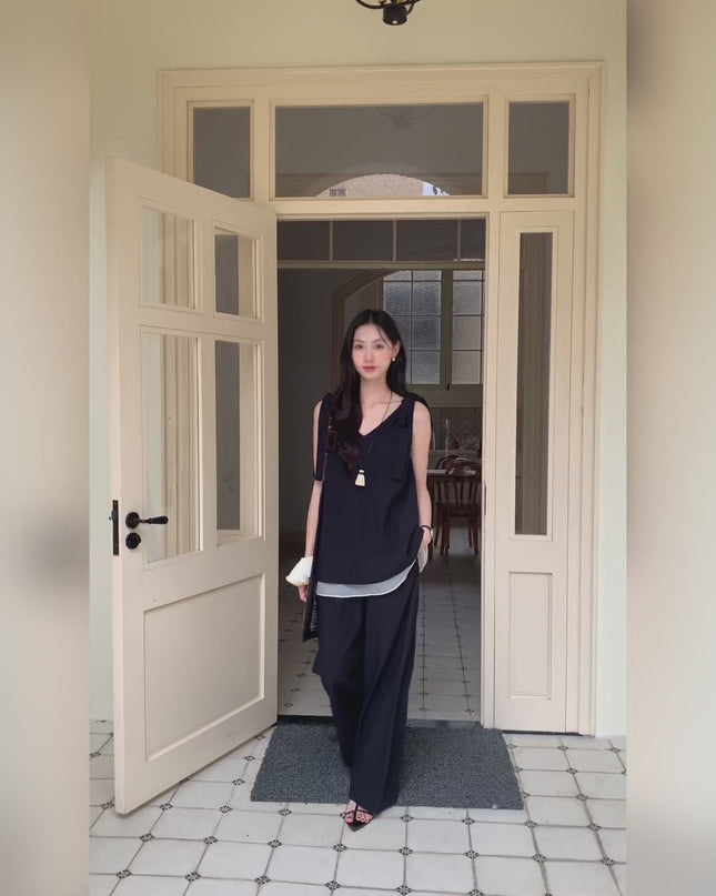 AIXILI Sleeveless Tie Top with Chiffon Hem & Wide-Leg Pants Set