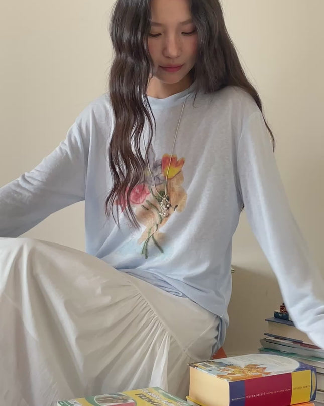 Cartoon Print Long-Sleeve Loose Summer Sun-Protective Tee