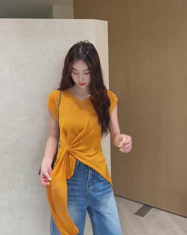 GS.GOOD START V Neck Slim Fit Knitted Short Sleeve Top
