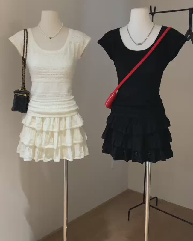 WGWE Delicate Crochet Knit Top & Midi Skirt Set