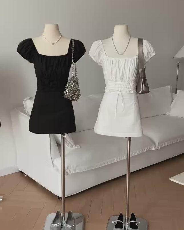 Puff Sleeve Tie-Front Crop Top + Mini Skirt Set