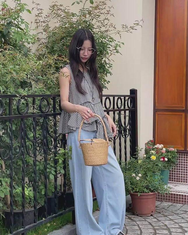 Ruffle Asymmetrical-Hem Checkered Blouse