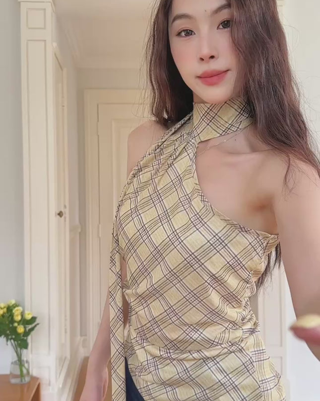 GS.GOOD START Off Shoulder Plaid Tank Top with Sweet Chic Vibes