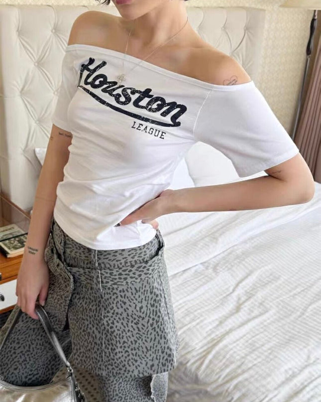 WG.WE Off - Shoulder Letter Print Slim Fit Tee - HappyFash
