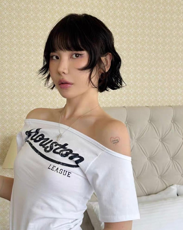 WG.WE Off - Shoulder Letter Print Slim Fit Tee - HappyFash