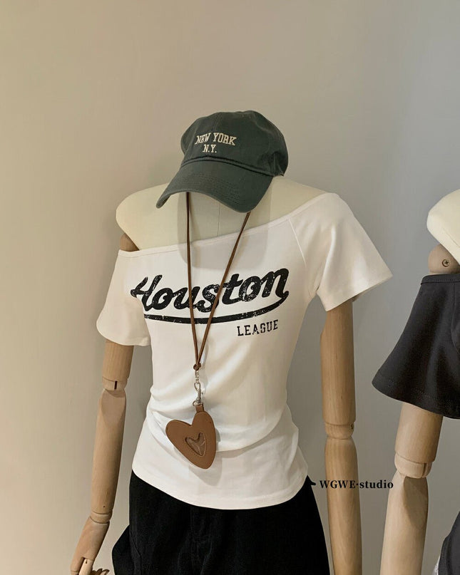 WG.WE Off - Shoulder Letter Print Slim Fit Tee - HappyFash